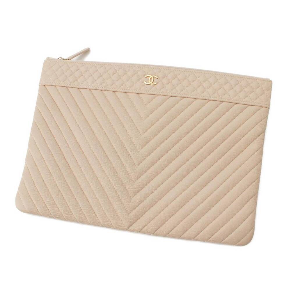 Chanel V Stitch Matelasse Caviar Leather Clutch Bag Pink Beige